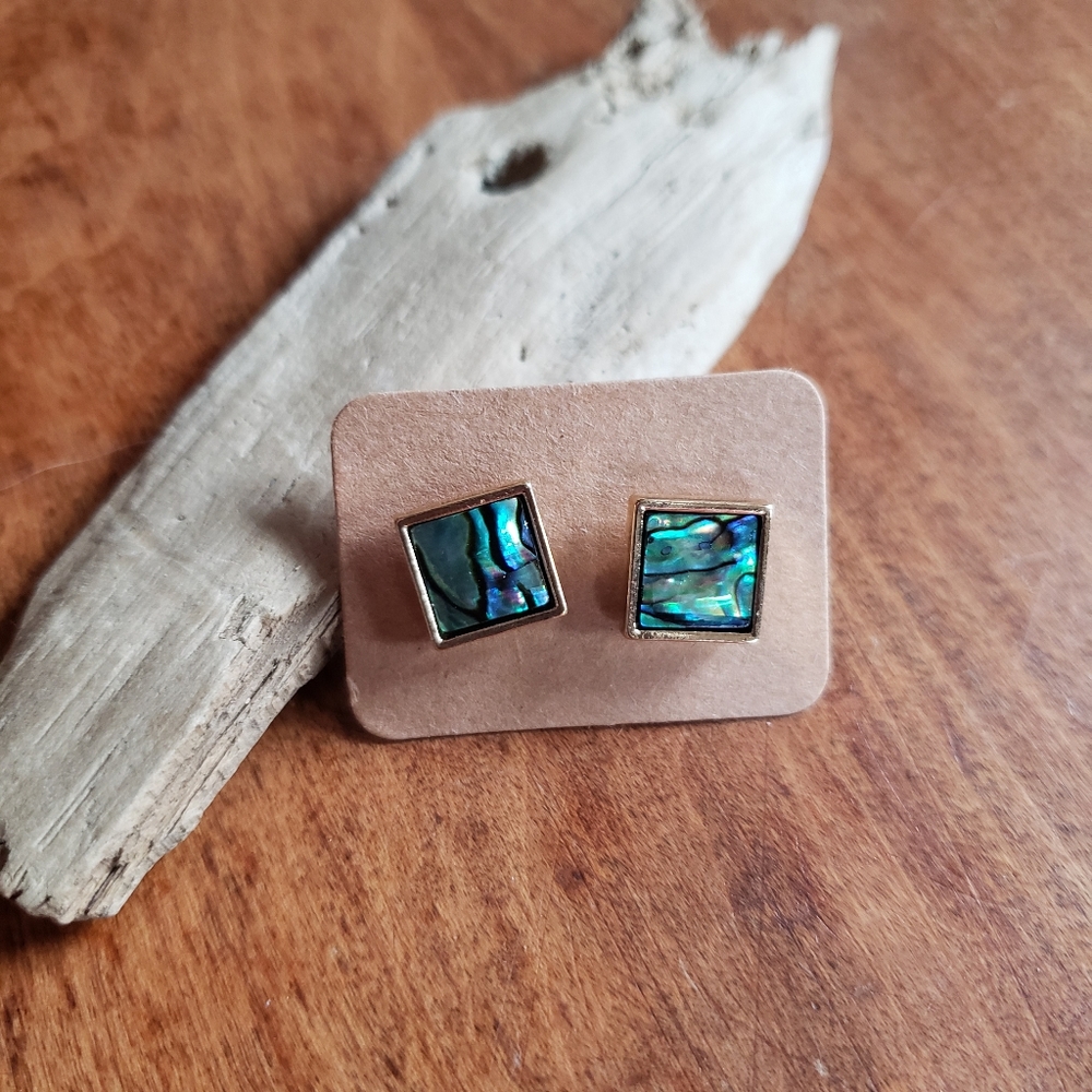 Green Abalone Shell Square Stud Earrings